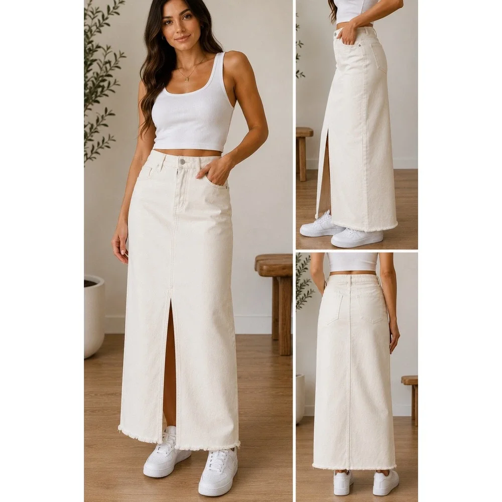Loft Denim Maxi Skirt White SZ 8 High Waisted Front Slit Raw Hem Zip Up Modern - Picture 1 of 10